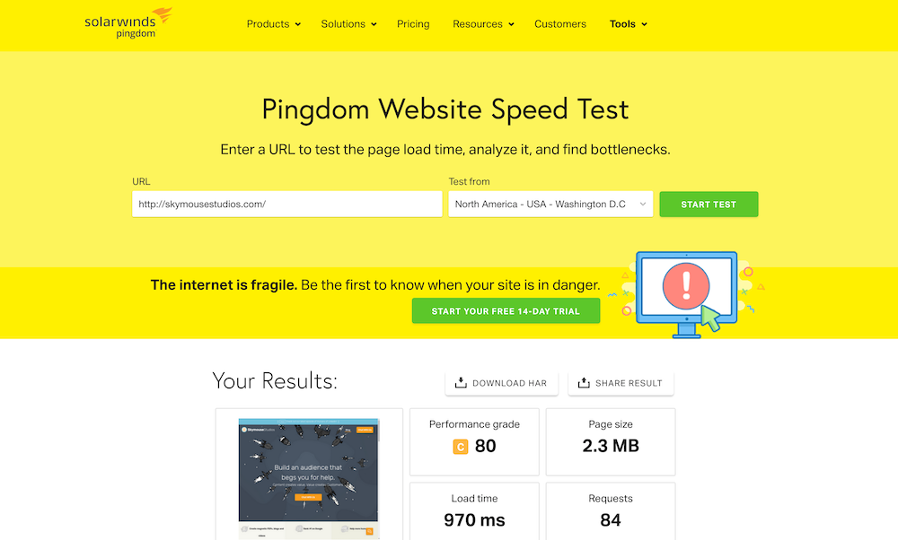 Pingdom website speed test website